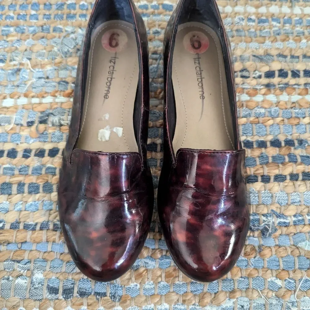Liz Claiborne Desi Faux Patent Leather Marbled Loafer Shoes 6M Brown Red  Gloss